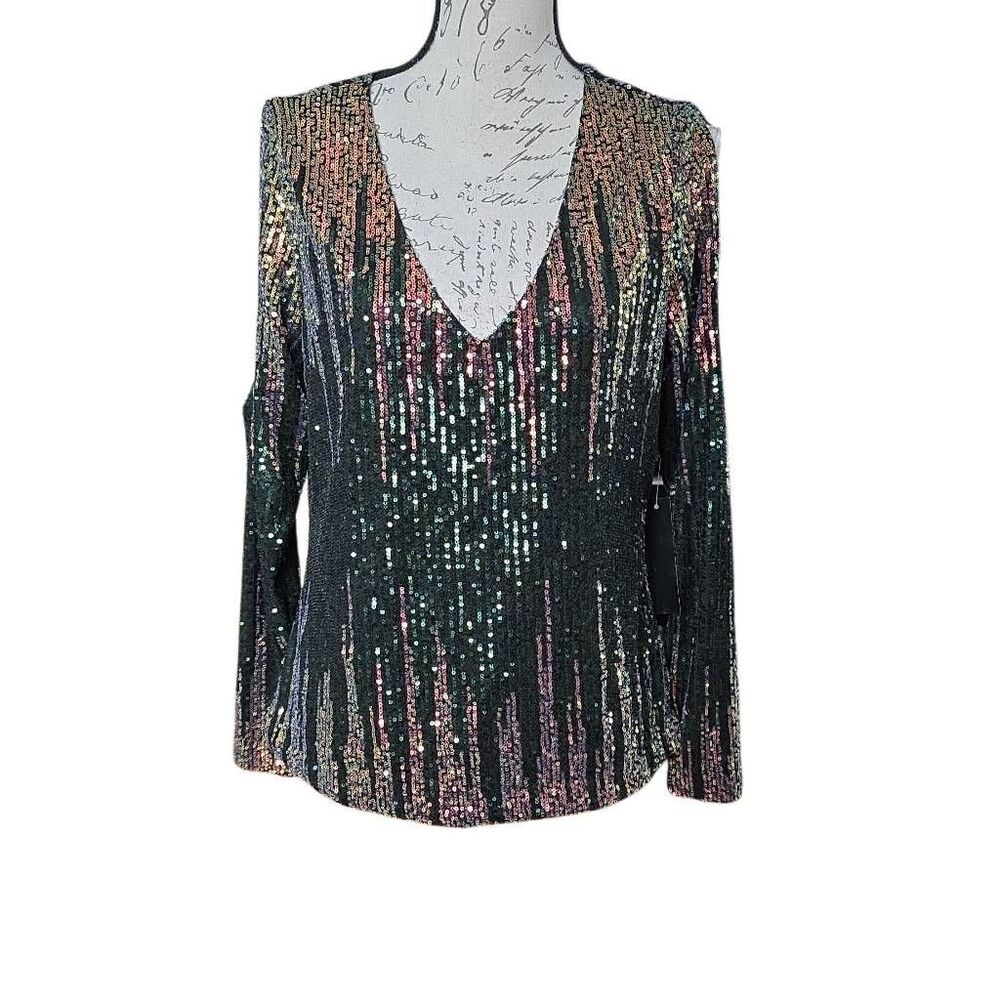 Venus Women's Size Large Gold Green Fully Sequin Long Sleeve Cold Shoulder Top